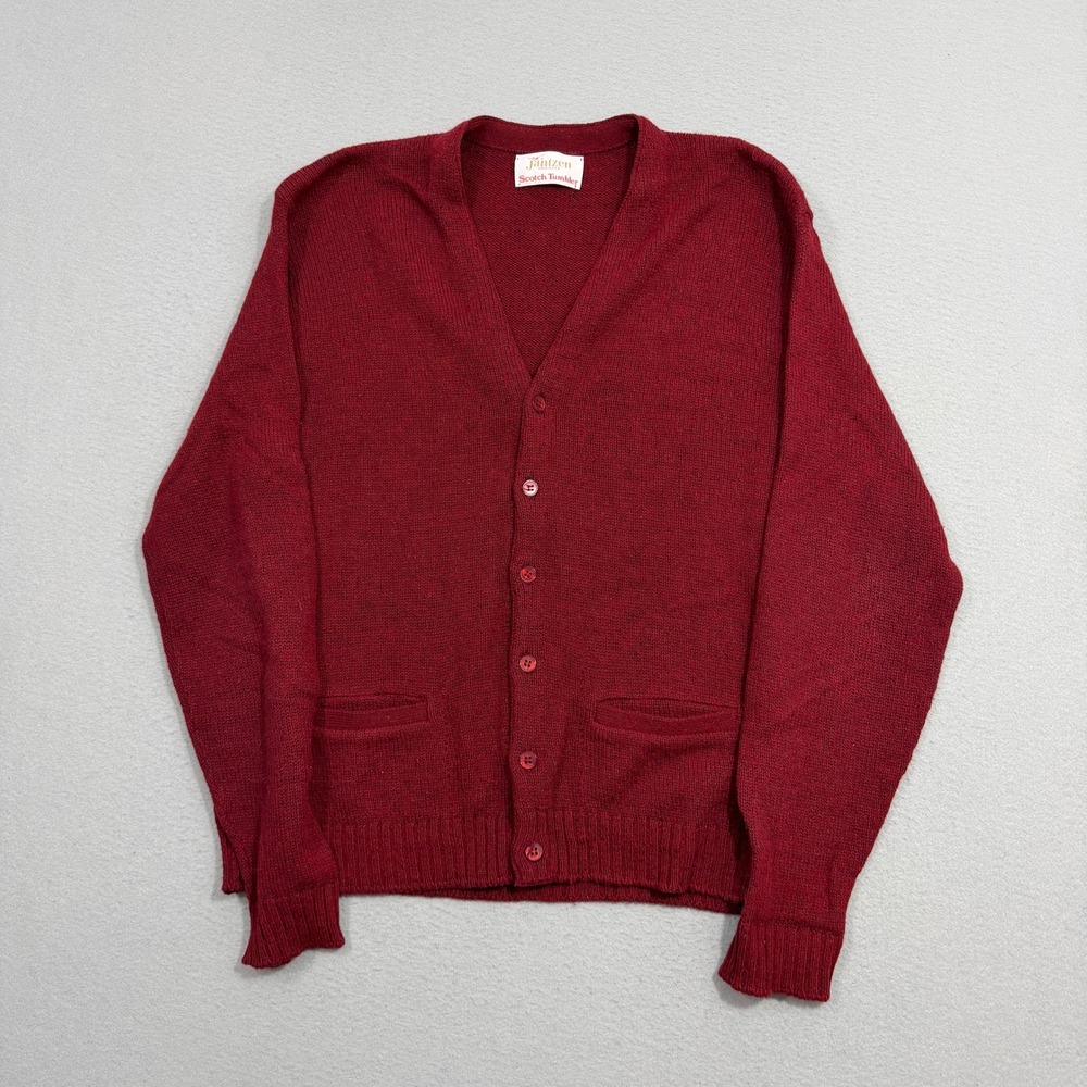 Vintage Jantzen Cardigan XL Red Scotch Tumbler V-Neck Button Front Knit Vintage
